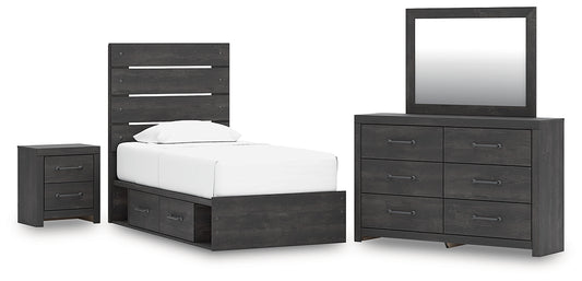 Hollivern Twin Panel Storage Bed, Dresser, Mirror and Nightstand