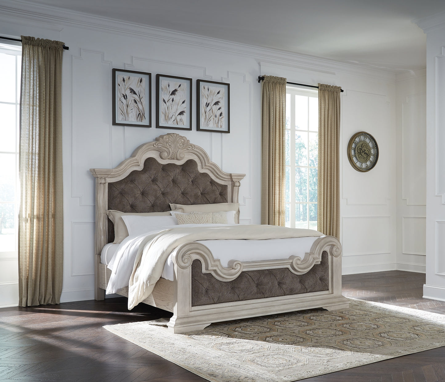 Bruchandi King Upholstered Panel Bed with Mirrored Dresser and Nightstand