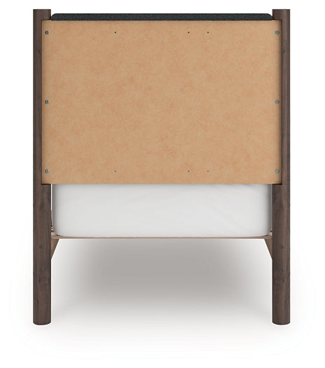 Pamytta Twin Upholstered Panel Platform Bed, Dresser, Mirror, Chest and Nightstand