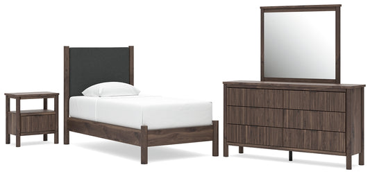 Pamytta Twin Upholstered Panel Platform Bed, Dresser, Mirror and Nightstand