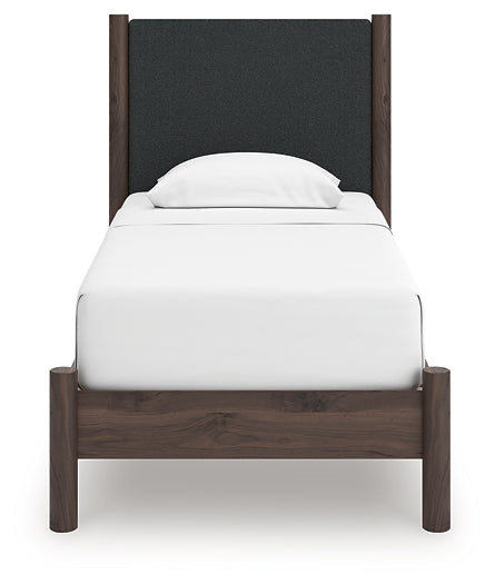 Pamytta Twin Upholstered Panel Platform Bed, Dresser and Mirror