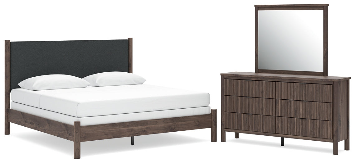 Pamytta King Upholstered Panel Bed, Dresser and Mirror