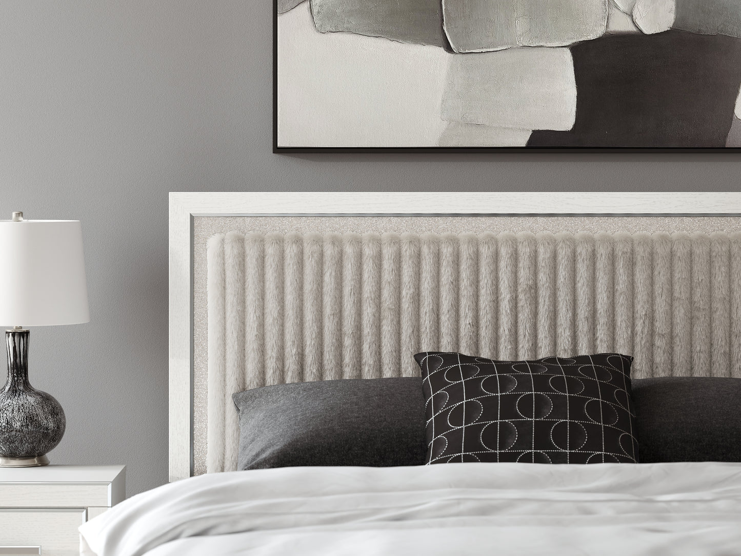 Zuraleus King Upholstered Panel Platform Bed, Dresser, Mirror and Nightstand