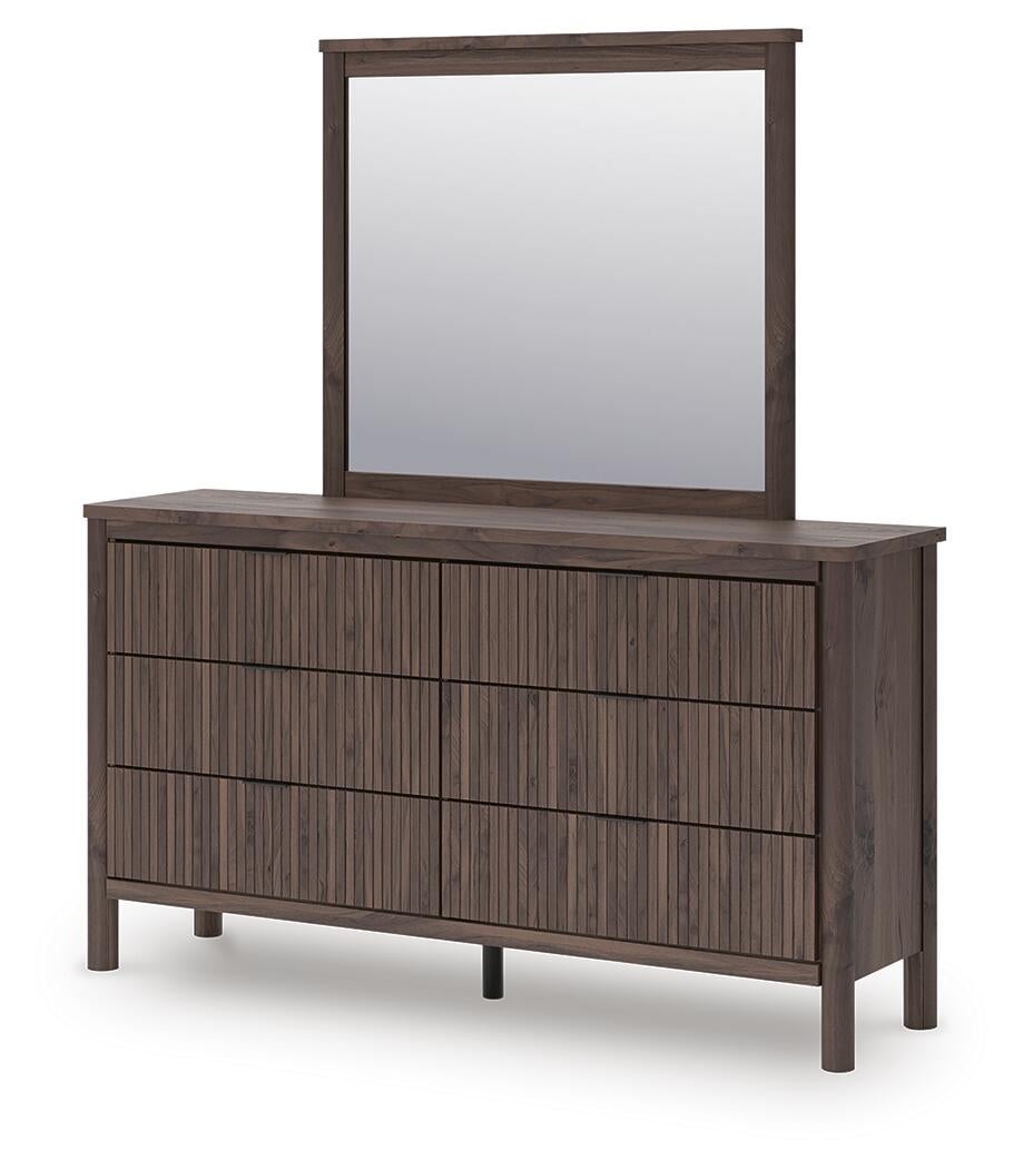 Pamytta Queen Upholstered Panel Platform Bed, Dresser and Mirror