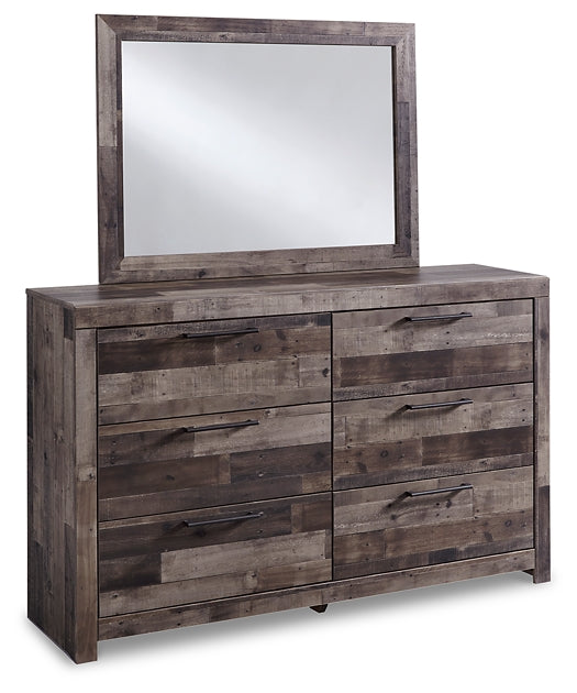 Derekson Queen Panel Bed with 6 Storage Drawers with Mirrored Dresser