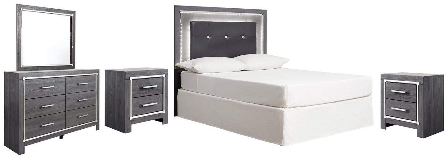 Lodanna Full Upholstered Panel Headboard with Mirrored Dresser and 2 Nightstands