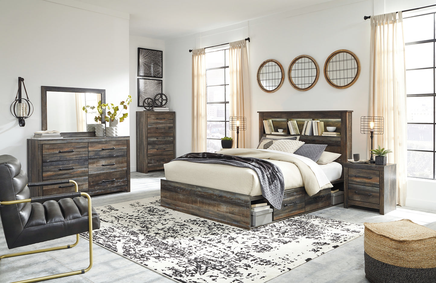 Drystan Queen Bookcase Bed with 4 Storage Drawers with Mirrored Dresser, Chest and 2 Nightstands