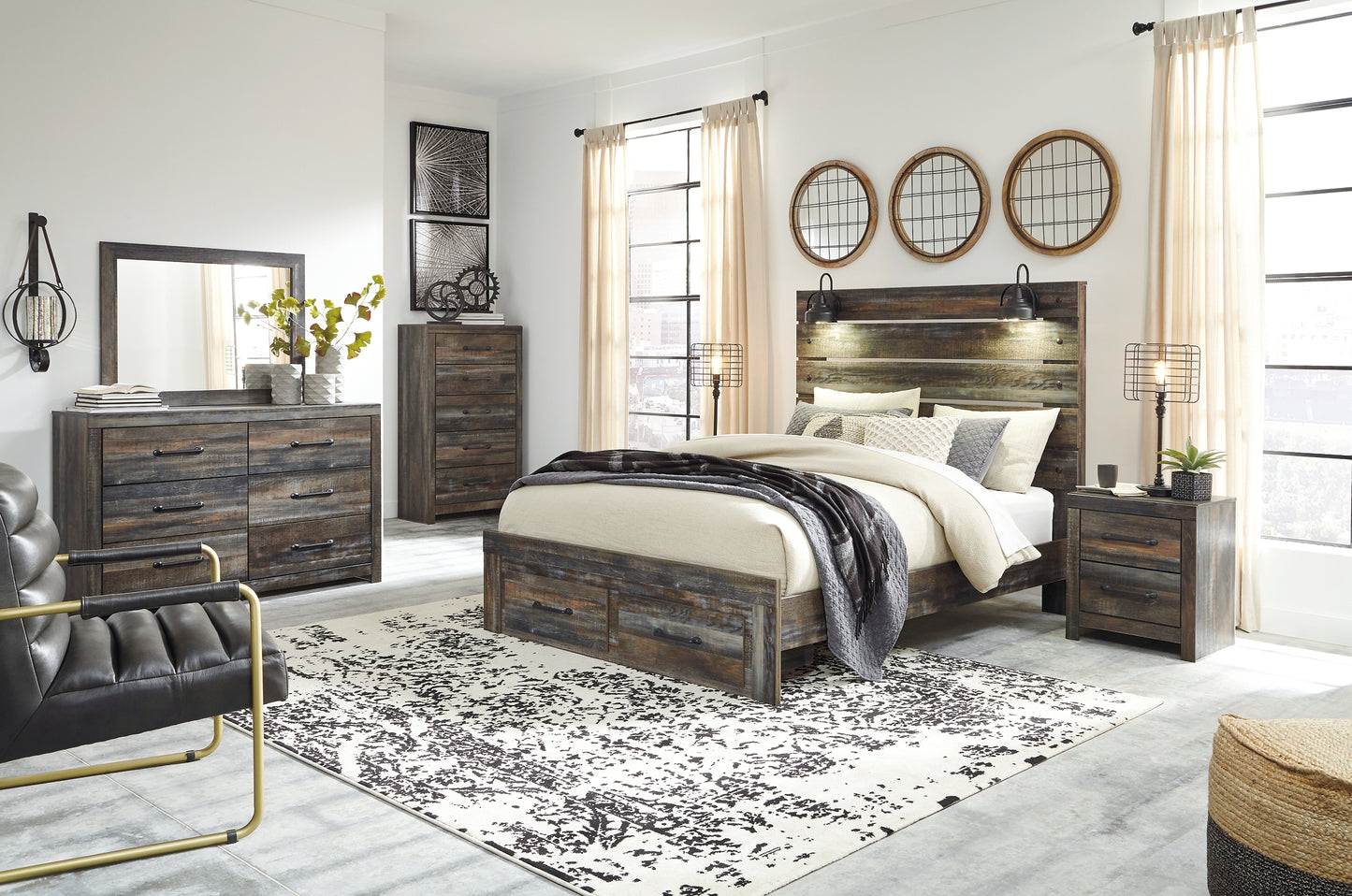 Drystan  Panel Bed With 2 Storage Drawers With Mirrored Dresser And Chest