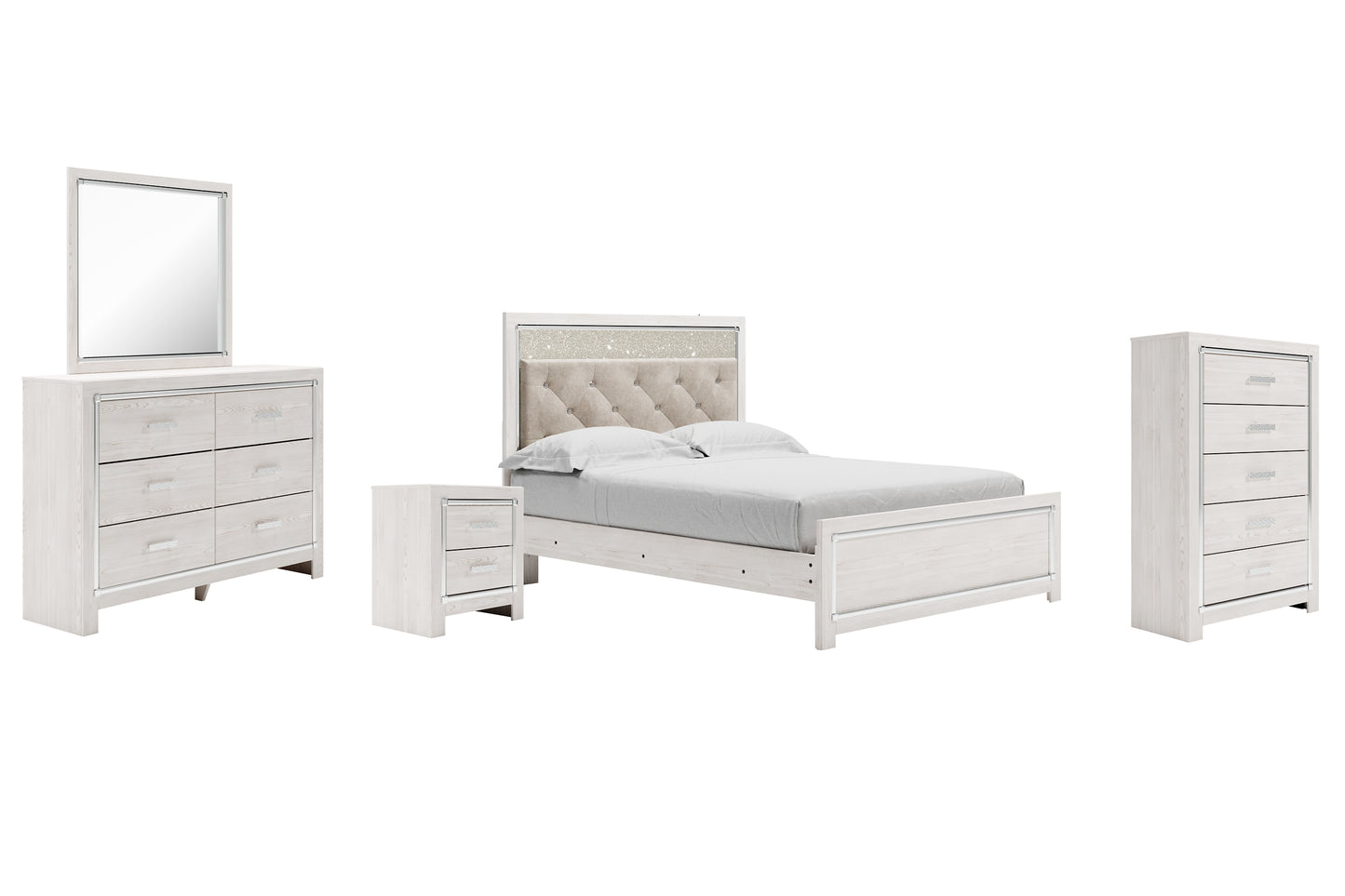 Altyra Queen Panel Bed with Mirrored Dresser, Chest and Nightstand