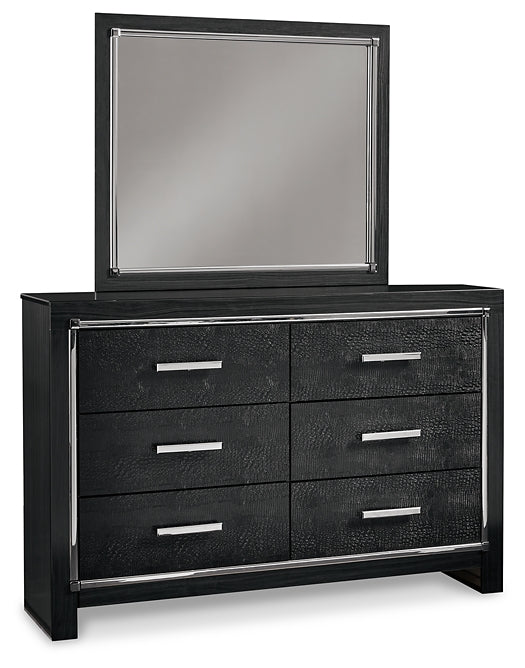 Kaydell King Upholstered Panel Headboard with Mirrored Dresser and Chest